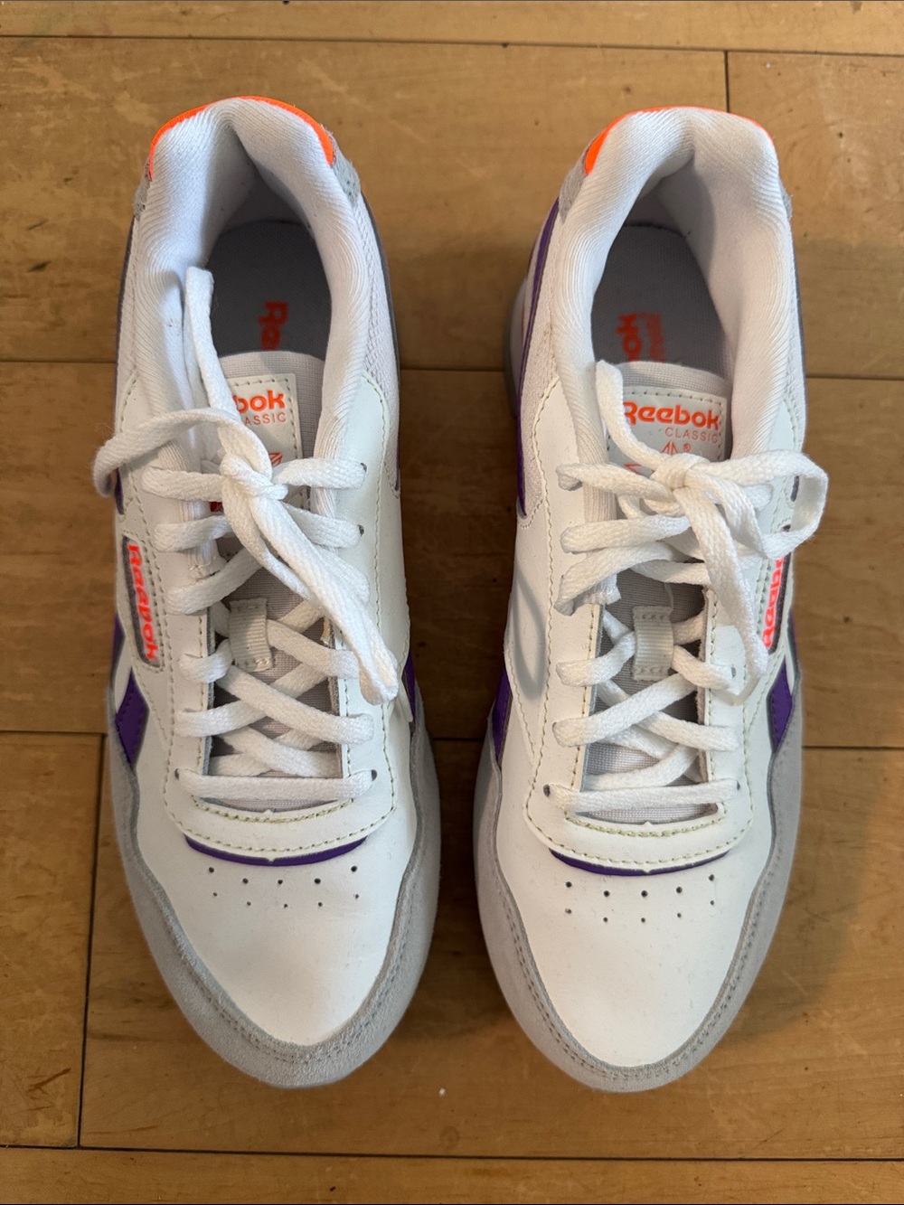 Reebok Kids White Sneakers with Purple and Orange Accents